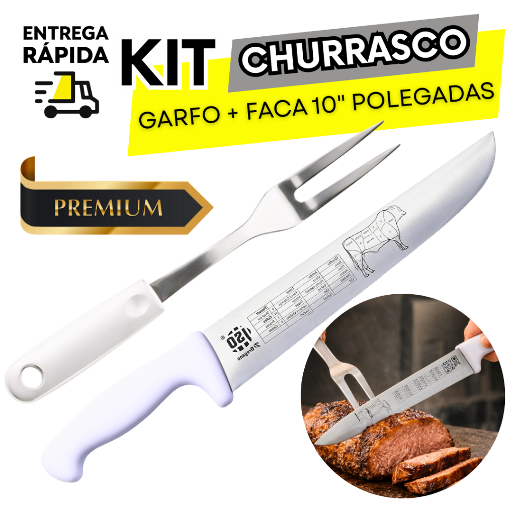 Kit Churrasco Com 2 Peças Faca Profissional Açougueiro e Garfo Trinchante Churrasco Cabo Longo Firme