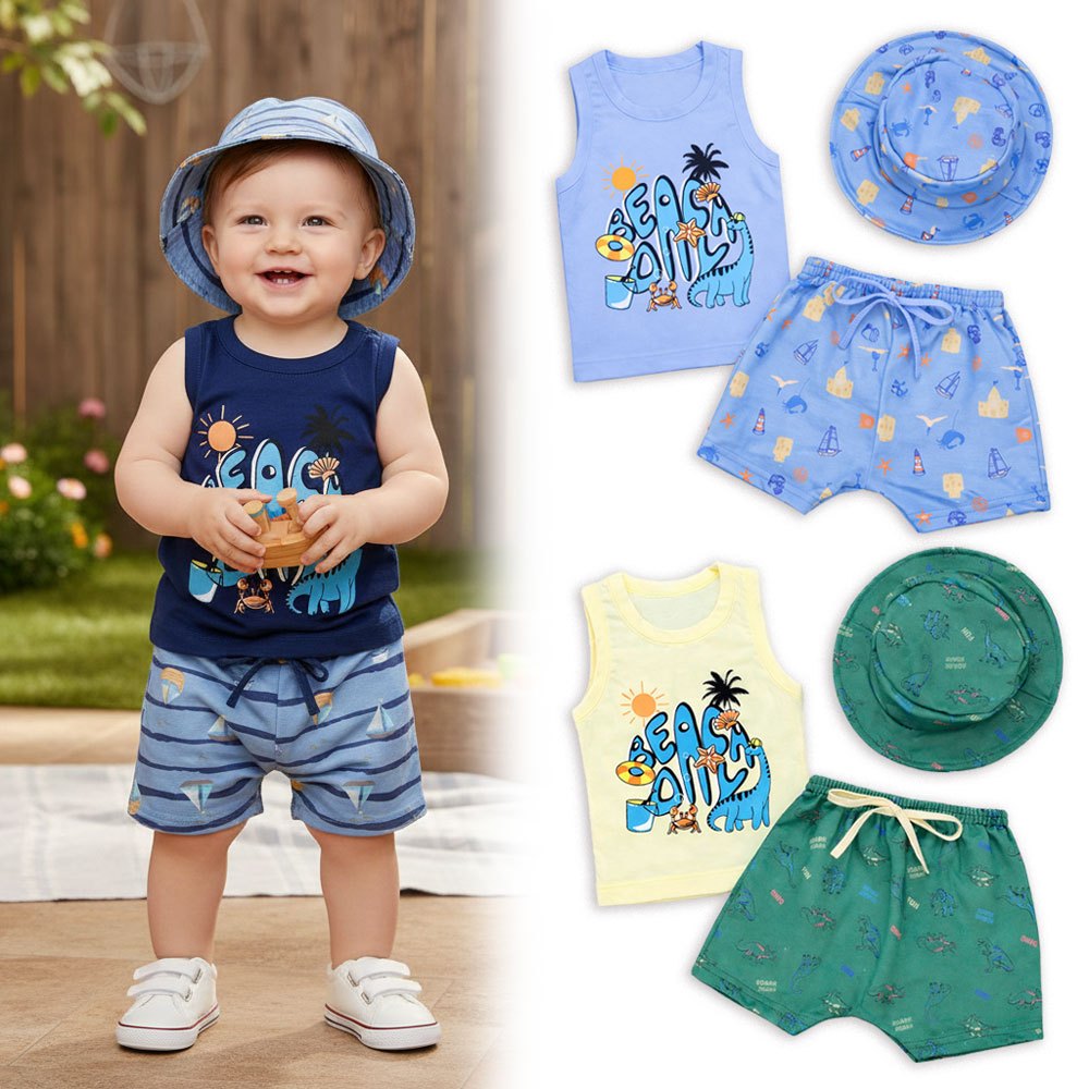 Kit Verão Bebê Regata Estampada, Bermuda e Chapéu Bucket