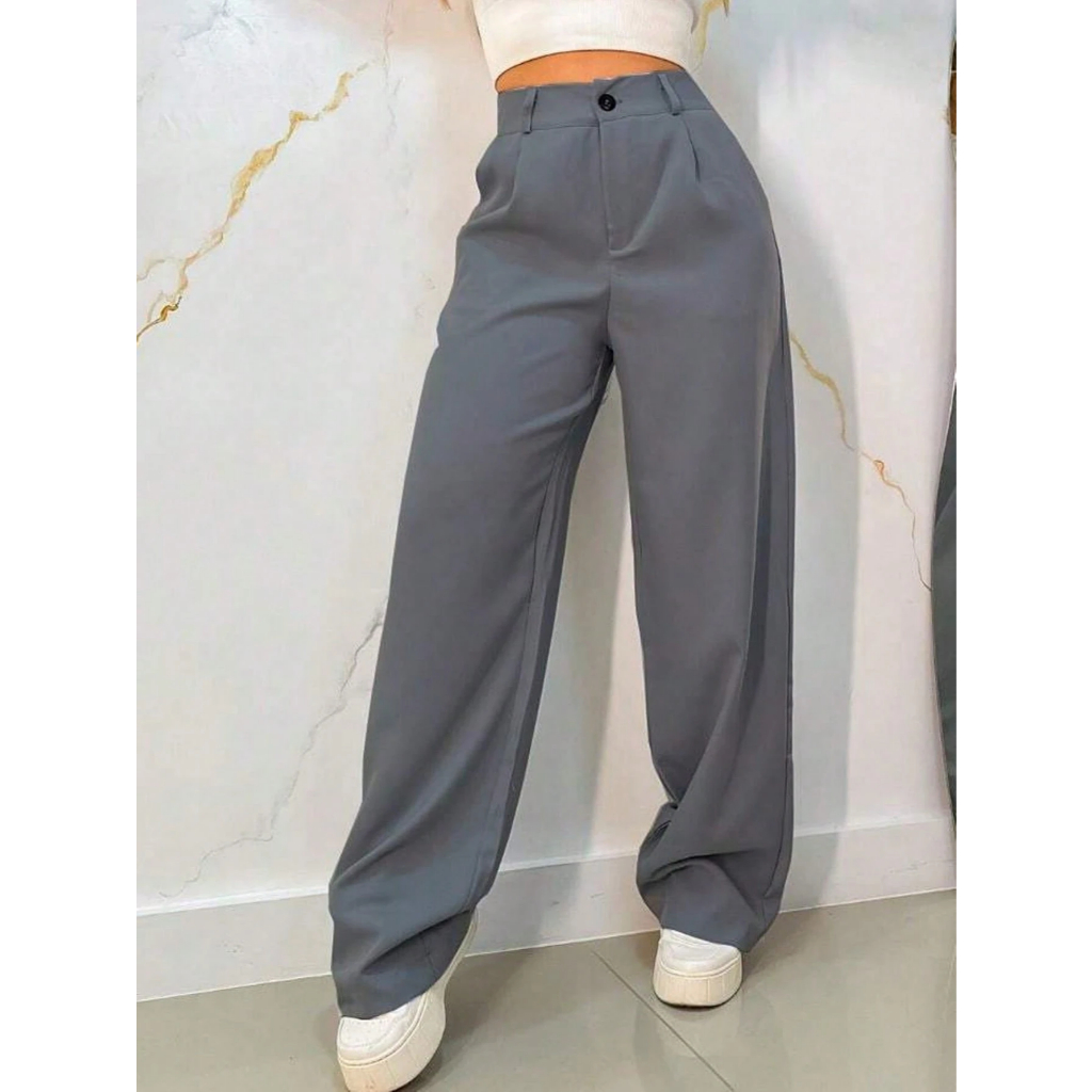 Calça Pantalona Feminina Alfataria com Botão e Ziper Wide Leg em Oferta na Shopee