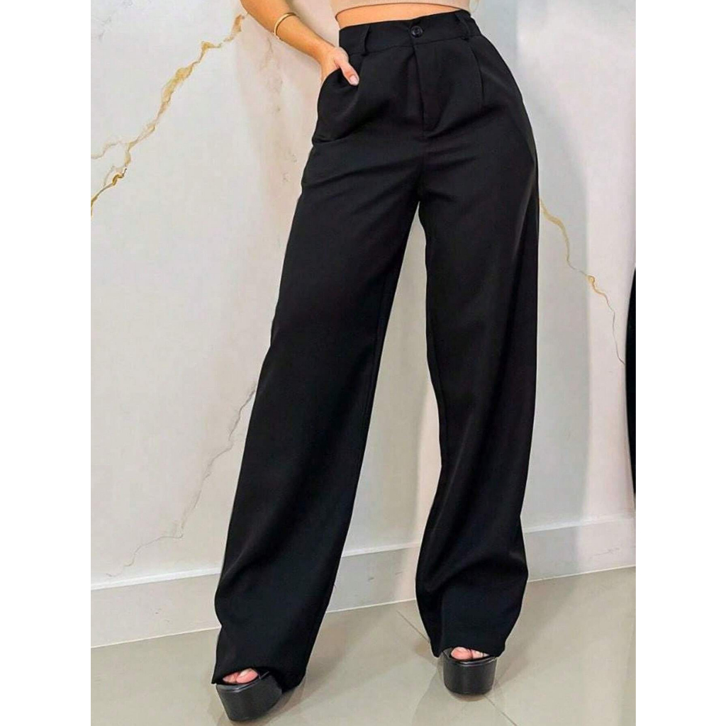 Calça Pantalona Alfaiataria com Botão e Ziper Premium Wide Leg em Oferta na Shopee