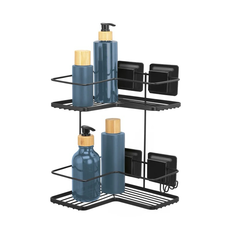 Suporte Duplo Box Banheiro Cantoneira Porta Shampoo Sabonete Parede Sem Furo Ventosa Preto Arthi