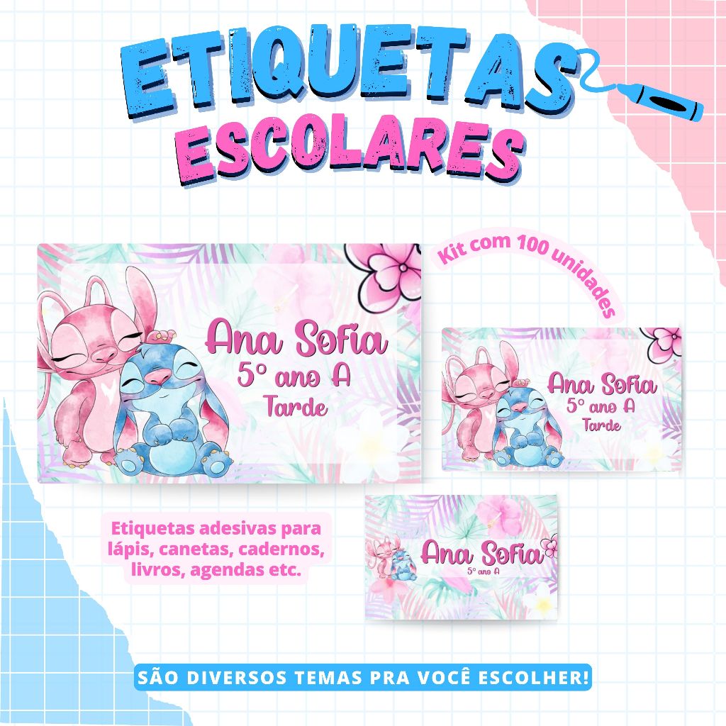 Kit 100 ETIQUETAS ESCOLARES | Volta as aulas | Etiquetas adesivas | Personalizamos com nome e serie em Oferta na Shopee