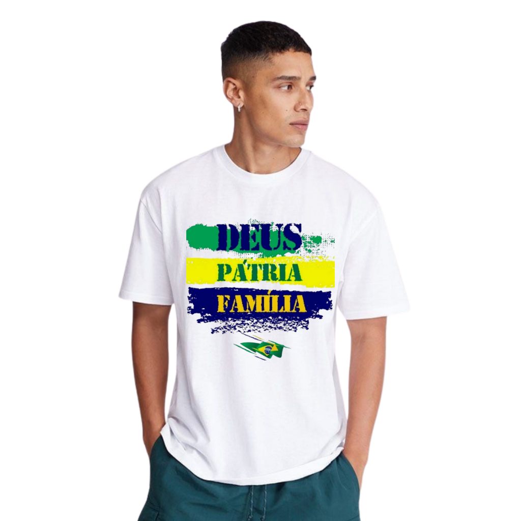 Camiseta Masculina Feminina Unissex Deus Pátria e Familia Bolsonaro Direita Brasil Acima de Tudo Deus Acima de Todos