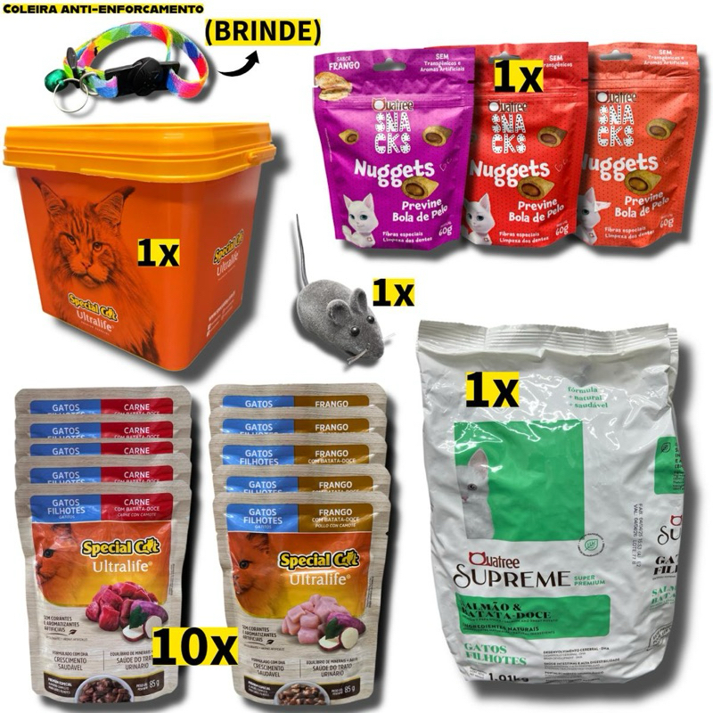 Kit Ração Quatree Filhotes 1kg + 10 Sachês Special Cat + Nuggets + Balde + Brinquedo + brinde(Compra do Mês Gato)