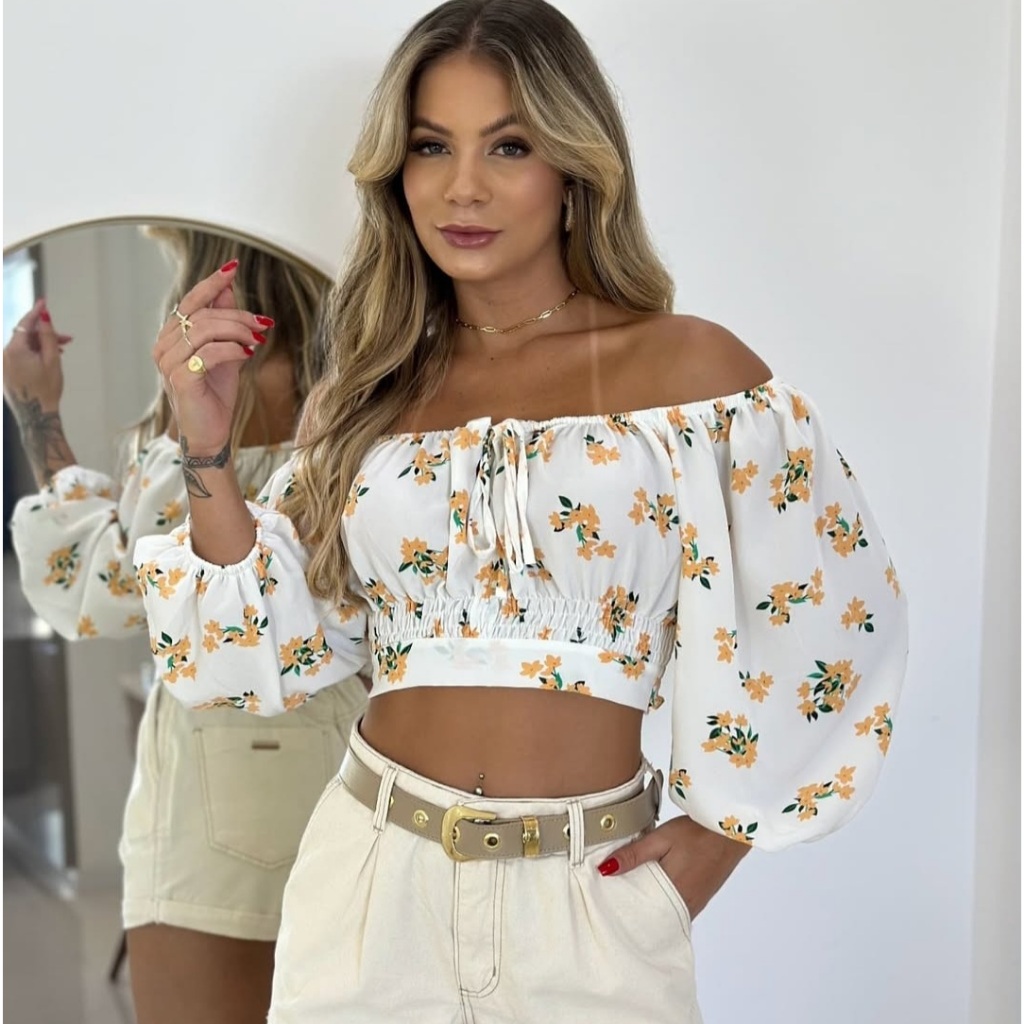 Blusa Cropped Ombro a Ombro Ciganinha Manga Bufante Estampa Floral