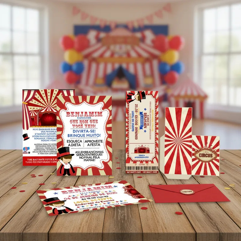 Convite + Envelope Personalizado Circo + Convite Individual + Plaquinha para Mesa Festa Infantil Combo