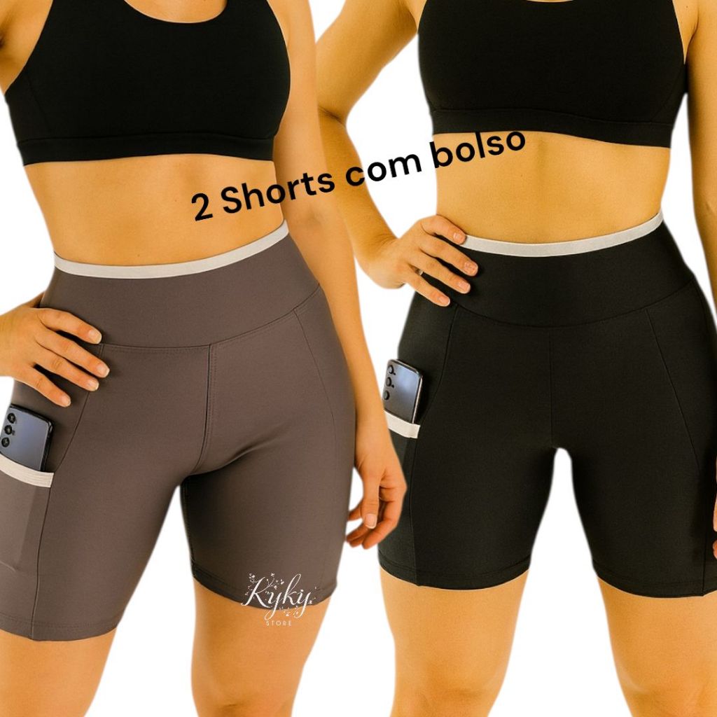 Kit 2 Shorts Curto Line Due com Bolso Lateral Corrida Ciclismo Roupa Academia Feminino Fitness Sem Transparência