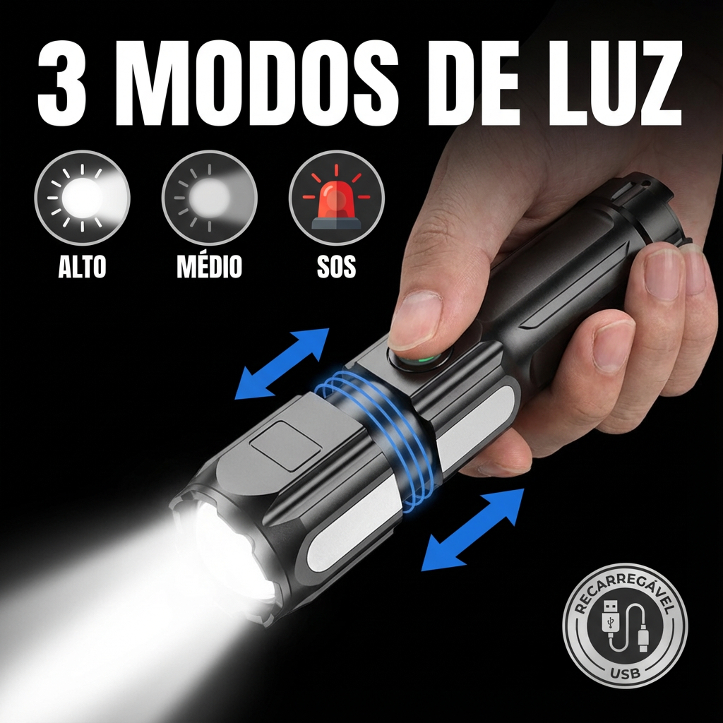 Lanterna LED Potente Recarregável com Zoom Longo Alcance USB Resistente a Água