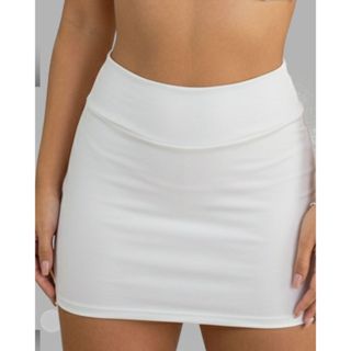 Short saia liso com cintura alta short por baixo em Oferta na Shopee