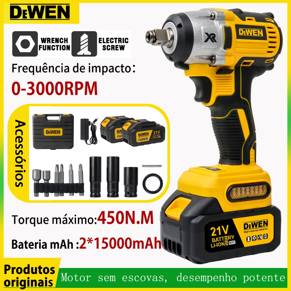 Chave de impacto sem escova 450NM (1/2IN) Pol Parafusadeira Chave De Impacto 2 Baterias 21VBrushless em Oferta na Shopee
