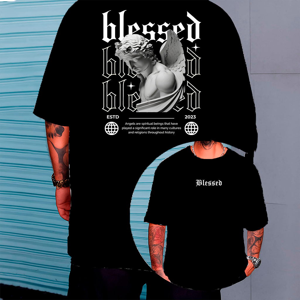 Camiseta Oversized Blessed Unissex Estampa Anjo Religiosa Cristã Streetwear Fé Estilo Urbano