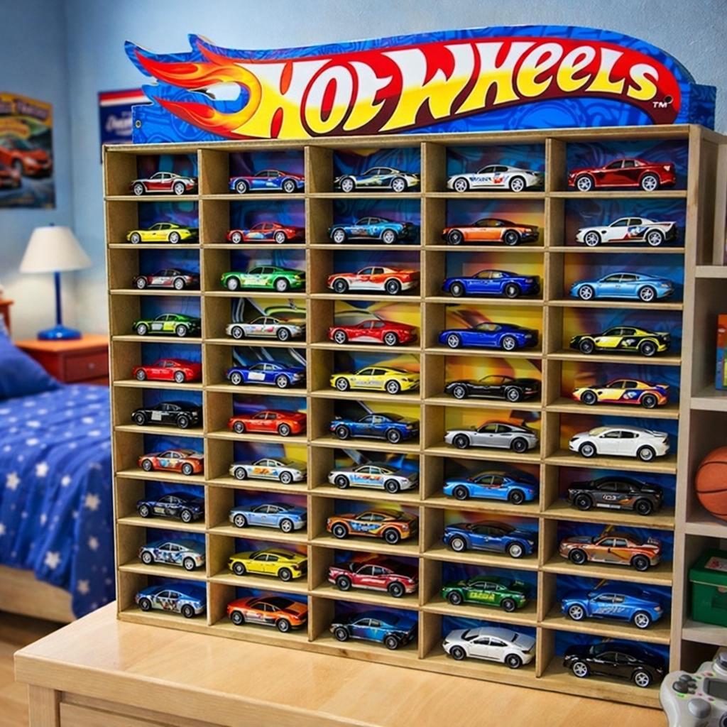 Estante Porta Hot-Wheelss Azul 50 Carrinhos Mdf Adesivado Menor Preço — R$ 32,20 em Shopee
