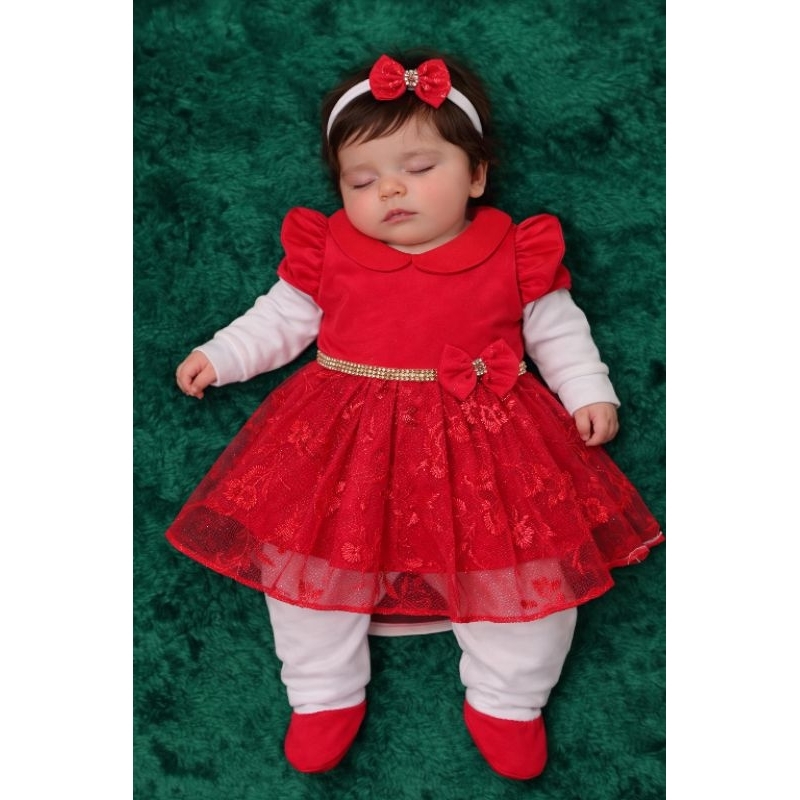 Saida de Maternidade Menina Luxo Vermelha com Renda Bordada em Oferta na Shopee