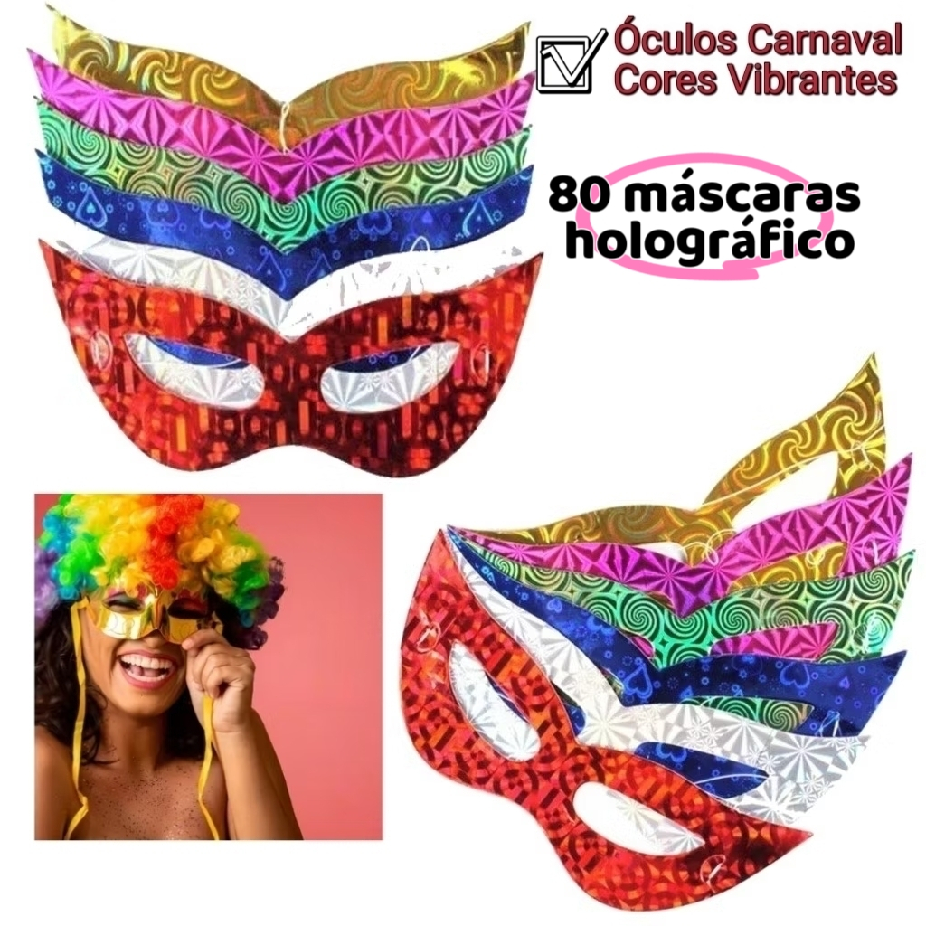 KIT 10~90 Máscara Holografica Brilhante de Papel Carnaval 2026 Balada Festa Carnaval Fantasia Cores em Oferta na Shopee