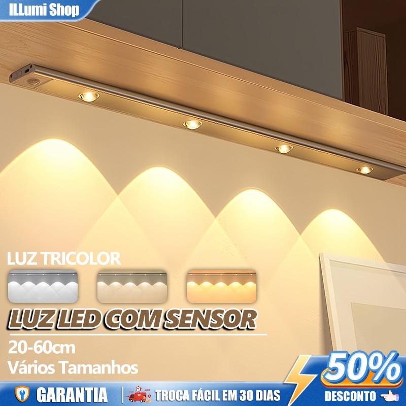 Smart Luminária LED 60cm,3 Cores Reguláveis,Lâmpada Sensor De Movimento,USB Recarregável para Cozinha Closet Quarto