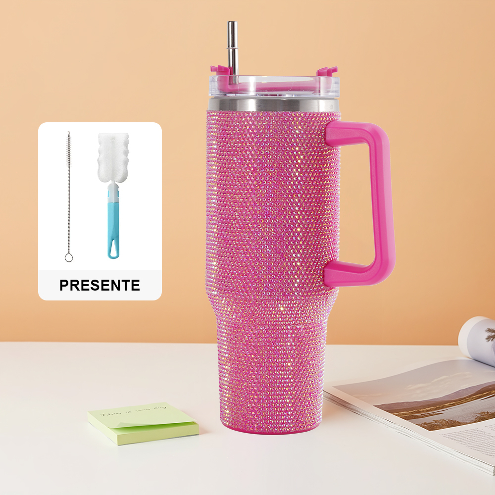 Copo Térmico 1200ml Com Strass Brilhante Com Alça Tampa E Canudo