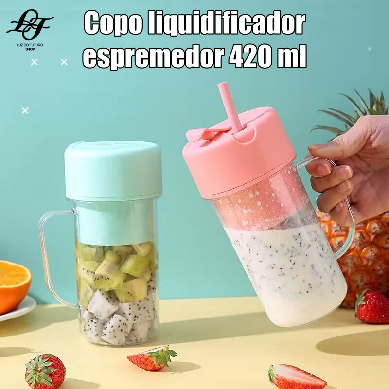 Liquidificador portátil com 6 lâminas, espremedor de frutas, copo de viagem recarregável com canudo, liquidificador