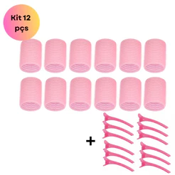 Kit 12 Bobs para Cabelo com Velcro ROSA + Prendedores Modeladores 6x4cm
