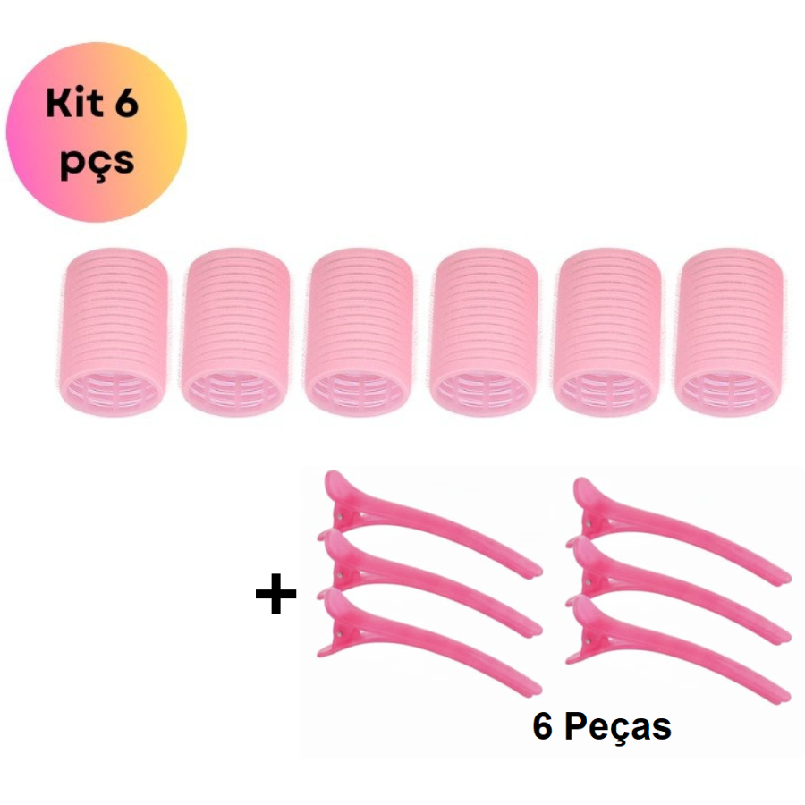 Kit 6 Bobs para Cabelo com Velcro ROSA + 6 Prendedores Modeladores 6x4 cm