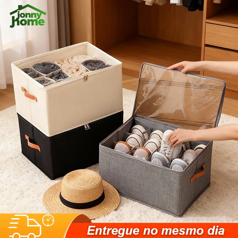 Caixa Organizadora 6 Pares de Sapato Dobrável com Tampa Transparente e Divisórias,43x32x30cm