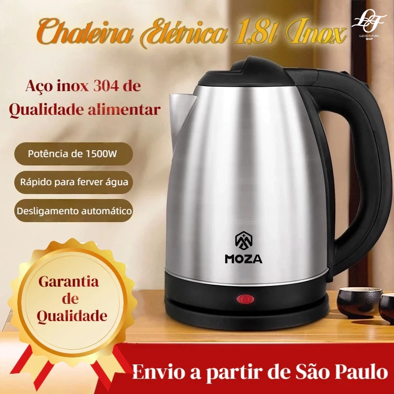 Chaleira elétrica de aço inoxidável, 1,8L , 127V/220V, água fervente rápida, desligamento automático em Oferta na Shopee