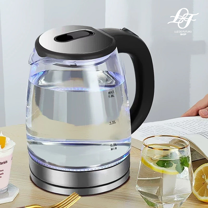 Chaleira elétrica de vidro, 1,8L, 127V/220V, água fervente rápida com tampa, desligamento automático. em Oferta na Shopee