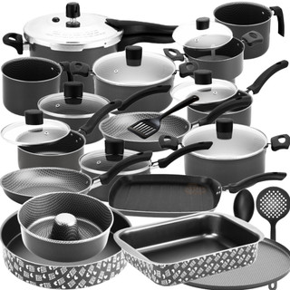 Kit De Panelas Antiaderentes 20Pç Cinza c/ Frigideira + Assadeiras + Bistequeira + Cuscuzeira