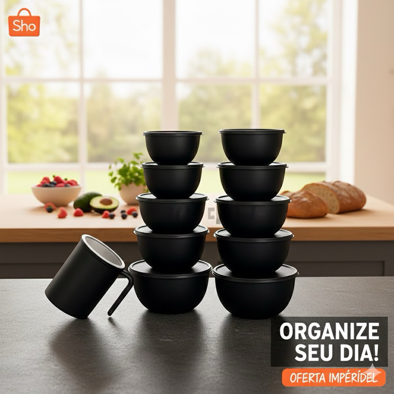 Kit 10 Potes Bowls com Tampa Freezer / Microondas + 1 Jarra Vasilhas Marmita Saladeira Organizador Cozinha Promoção