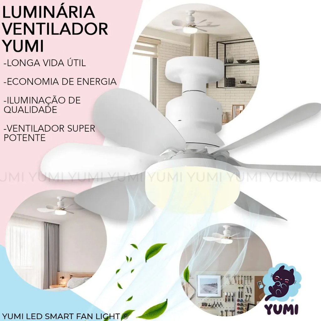Ventilador de teto Com Luz para Pequenos Espaços (6 Hélices) Controle Remoto Bivolt LED 110V-220V