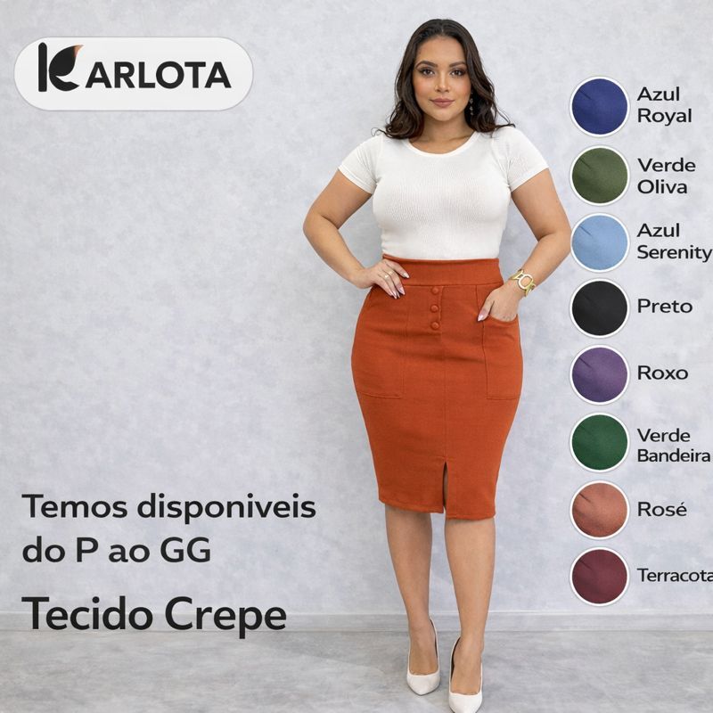 Saia Feminina Karlota Com Fenda Bolso e Detalhe Em Botão Fake Social Saia Midi Feminina Patê Falso em Oferta na Shopee
