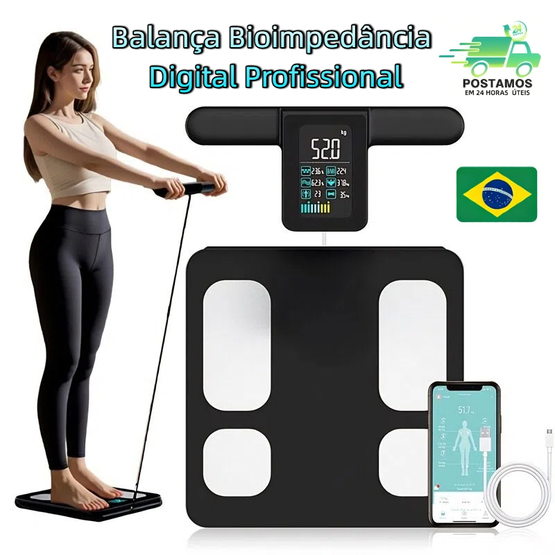 Balança Inteligente 8 Eletrodos Bioimpedância Segmentada Bluetooth,  Display Retrátil Colorido 180kg