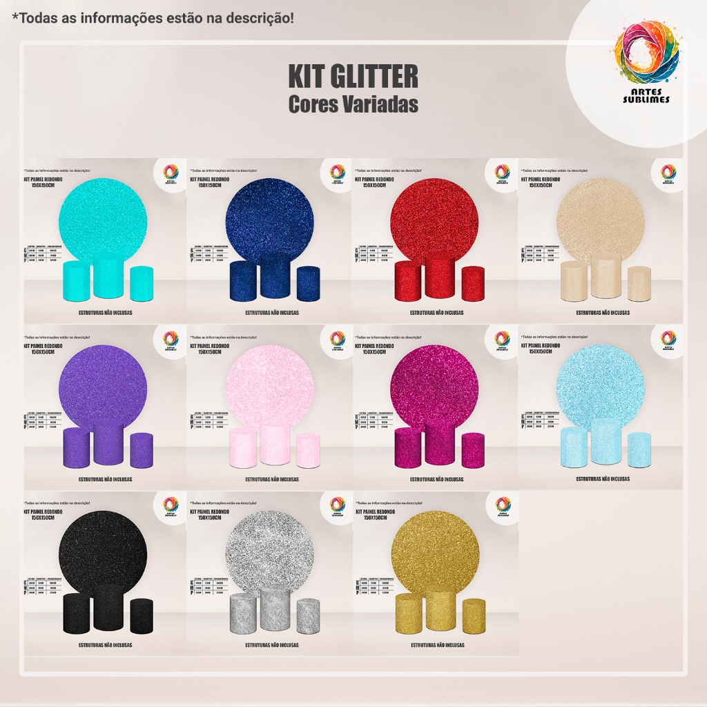 Capa de Painel Glitter CORES E TAM DIVERSOS com Cilindros e Painel Redondo 1,5m