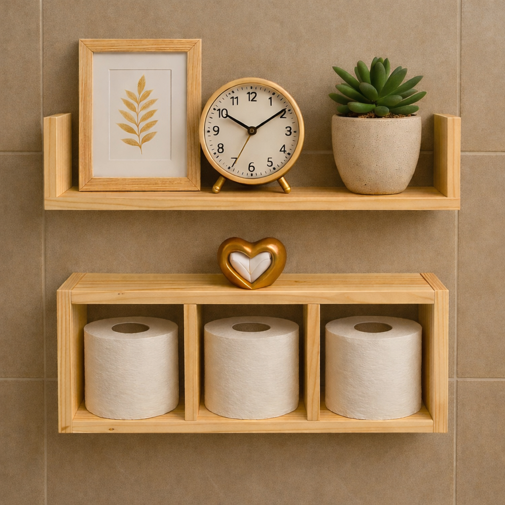 Kit Prateleira + Nicho para Banheiro, Lavabo, Quarto ideal para Decoração em Madeira Pinus Natural Já Montado