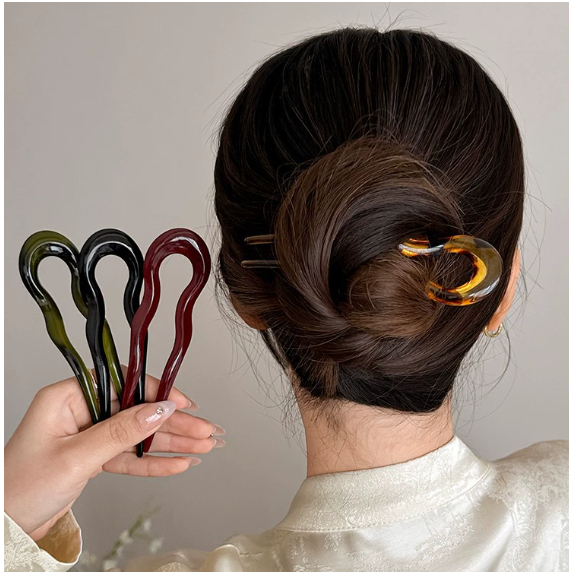 Kit 3 peça grampo de cabelo em U vintage de acetato para mulheres, acessório para coque