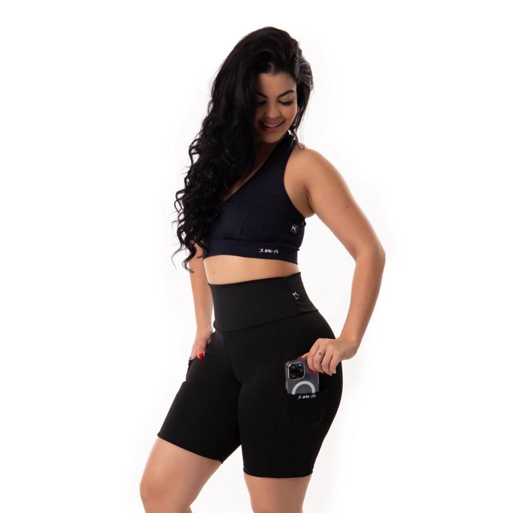 Short Feminino Fitness Preto Academia com Bolso Porta Celular Zero Transparencia