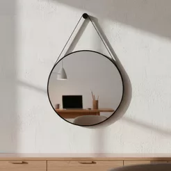 Espelho De Parede Decorativo Redondo 60cm C/ Alça De Couro