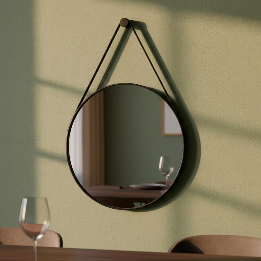 Espelho Redondo Decorativo Suspenso Com Alça 60cm + Suporte Espelho para Banheiro Sala Quarto