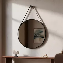 Espelho Redondo De Parede com Alça Espelho Em Couro 60cm Espelho para Banheiro Sala Quarto de Parede