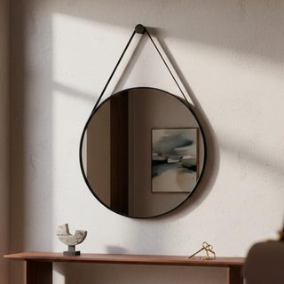 Espelho Redondo De Parede com Alça Espelho Em Couro 60cm Espelho para Banheiro Sala Quarto de Parede