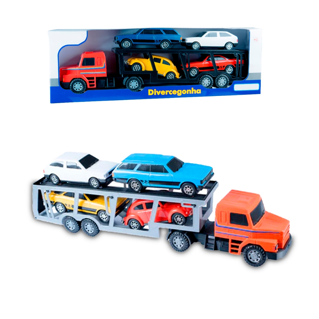 Caminhão Brinquedo Carreta Cegonha com 4 carrinhos clássicos fusca opala carava  gol transcegonhaha cegonheira