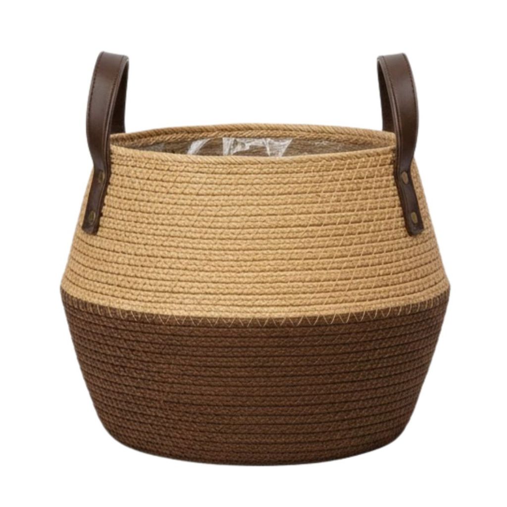 Cesto Decorativo de Algas Marinhas com Alça de Couro – Cachepô Rústico Boho Arte