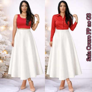 Saia longa Branca campeira couro sintético courino de Ótima Qualidade do PP ao G3 midi e saia longa plus size em Oferta na Shopee