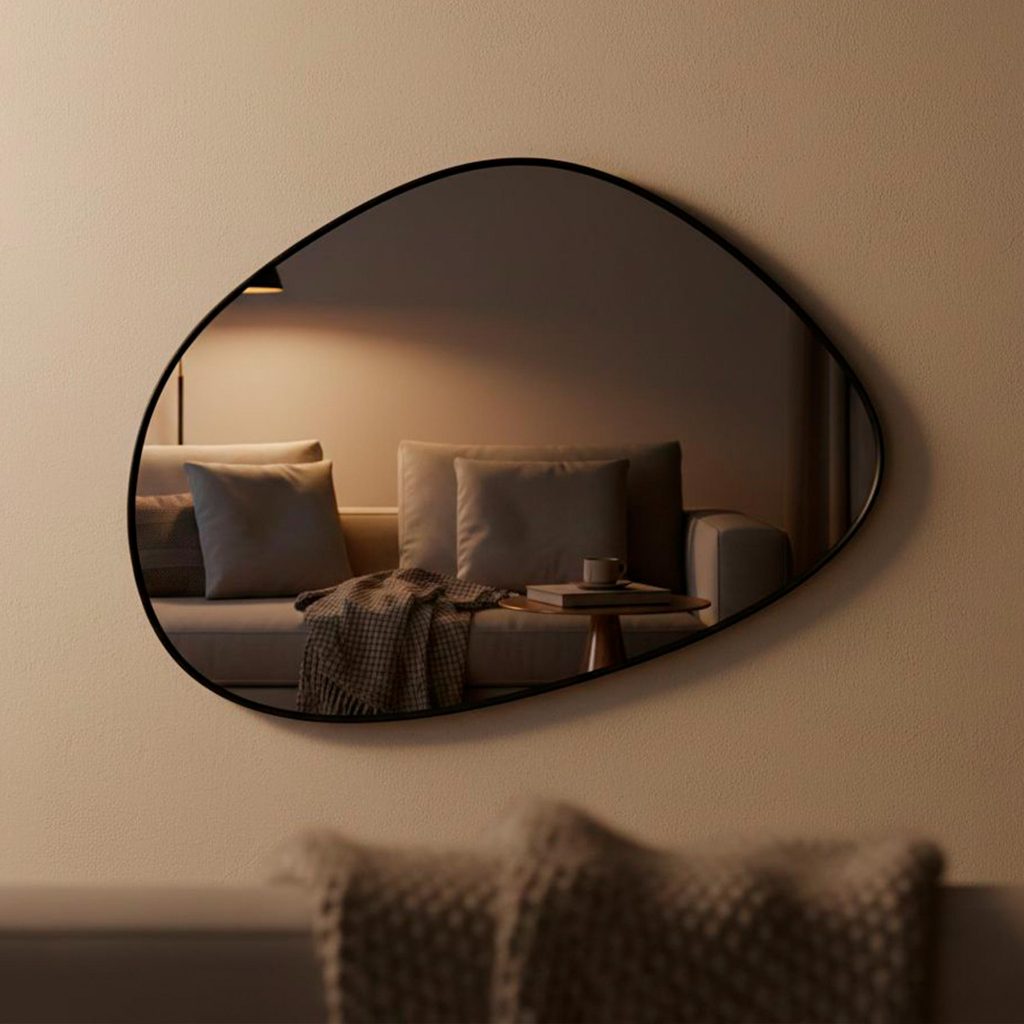 Espelho Orgânico Moderno Decoração Lavabo Banheiro 80x60cm c/ moldura em couro ecológico em Oferta na Shopee