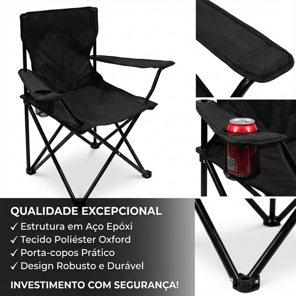 Cadeira Reforçada Dobrável Com Porta Copo Versátil Multiuso Viagem Acampamento Praia Preto