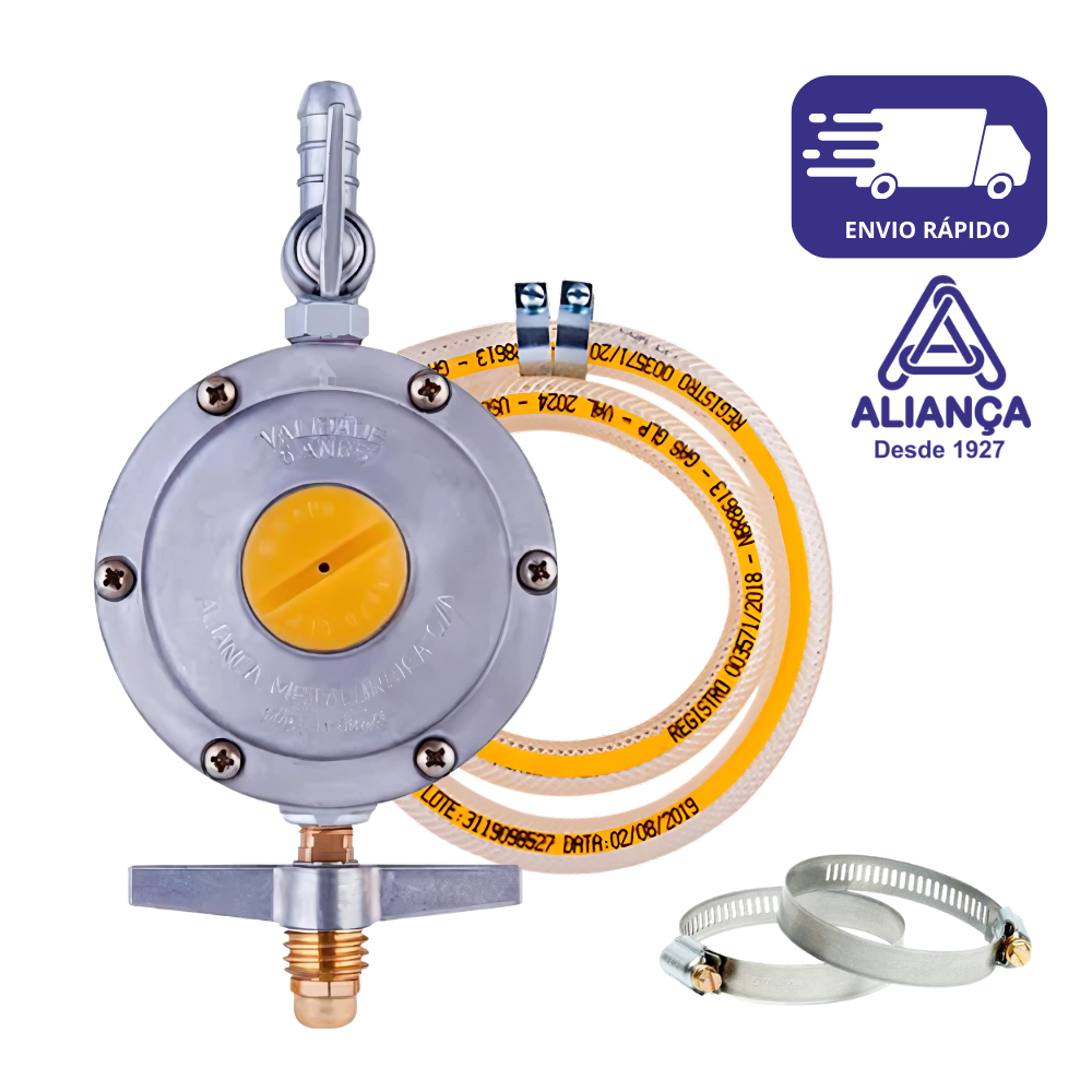 Kit Regulador De Gás Registro Click Doméstico Blister 505/01 Mangueira 100Cm 2 abraçadeiras GLP/13kg