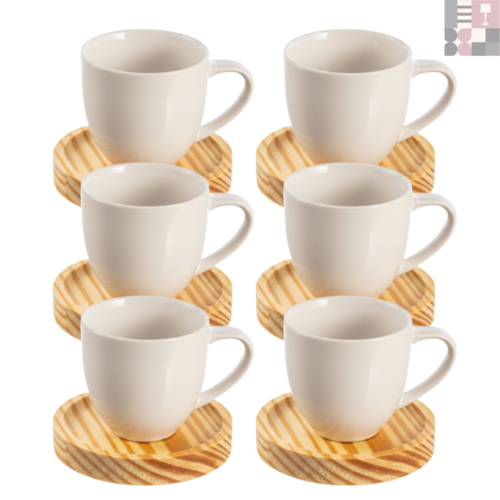 Jogo de Xícaras em Porcelana Café Expresso - 12 Peças Pires em Madeira (6 xícaras 80 ML + 6 pires) em Oferta na Shopee