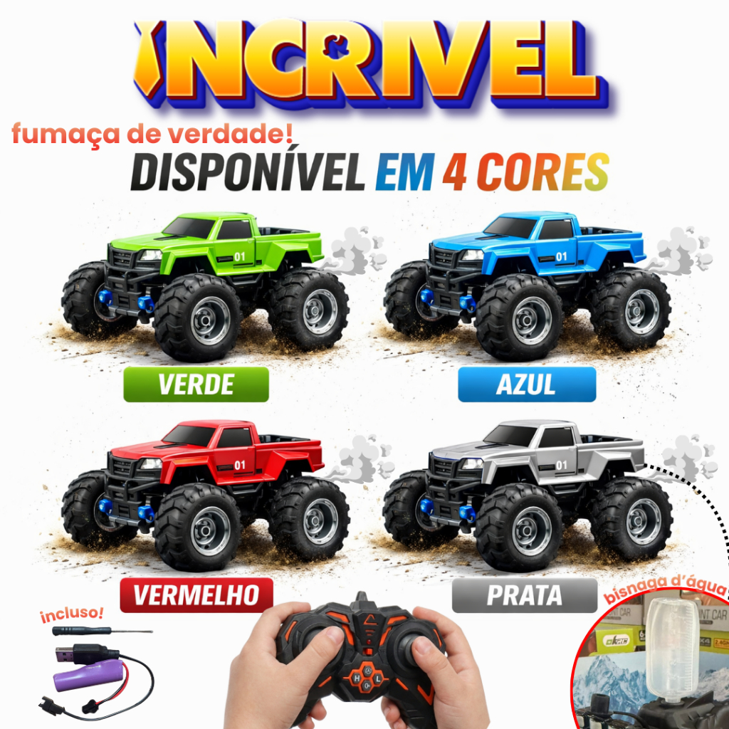 Carrinho de Controle Remoto Stunt Car 4X4 Brinquedo Infantil Solta Fumaça Vapor Bateria Recarregável