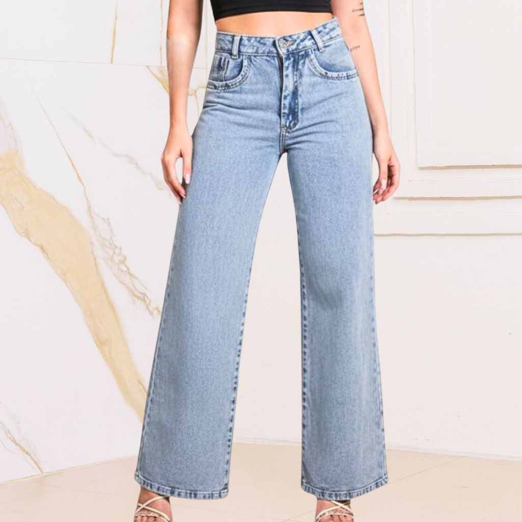 Calça Jeans Feminina Wide Leg Pantalona Cintura Alta Empina Bumbum Lavagem Clara  Marmorizada Gringa
