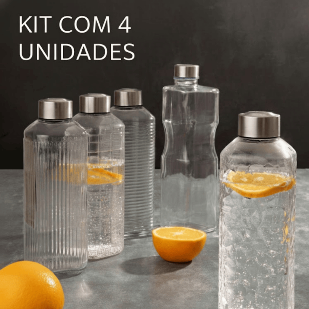 Kit 4 Garrafas Vidro Quadradas para Geladeira e Mesa Pura Elegância 1L Água Refrescante Reutilizável