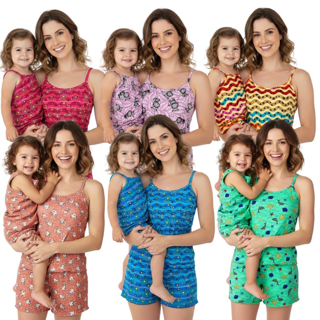 Kit Pijama Feminino Mãe e Filha Babydoll Estampado Suede Canelado